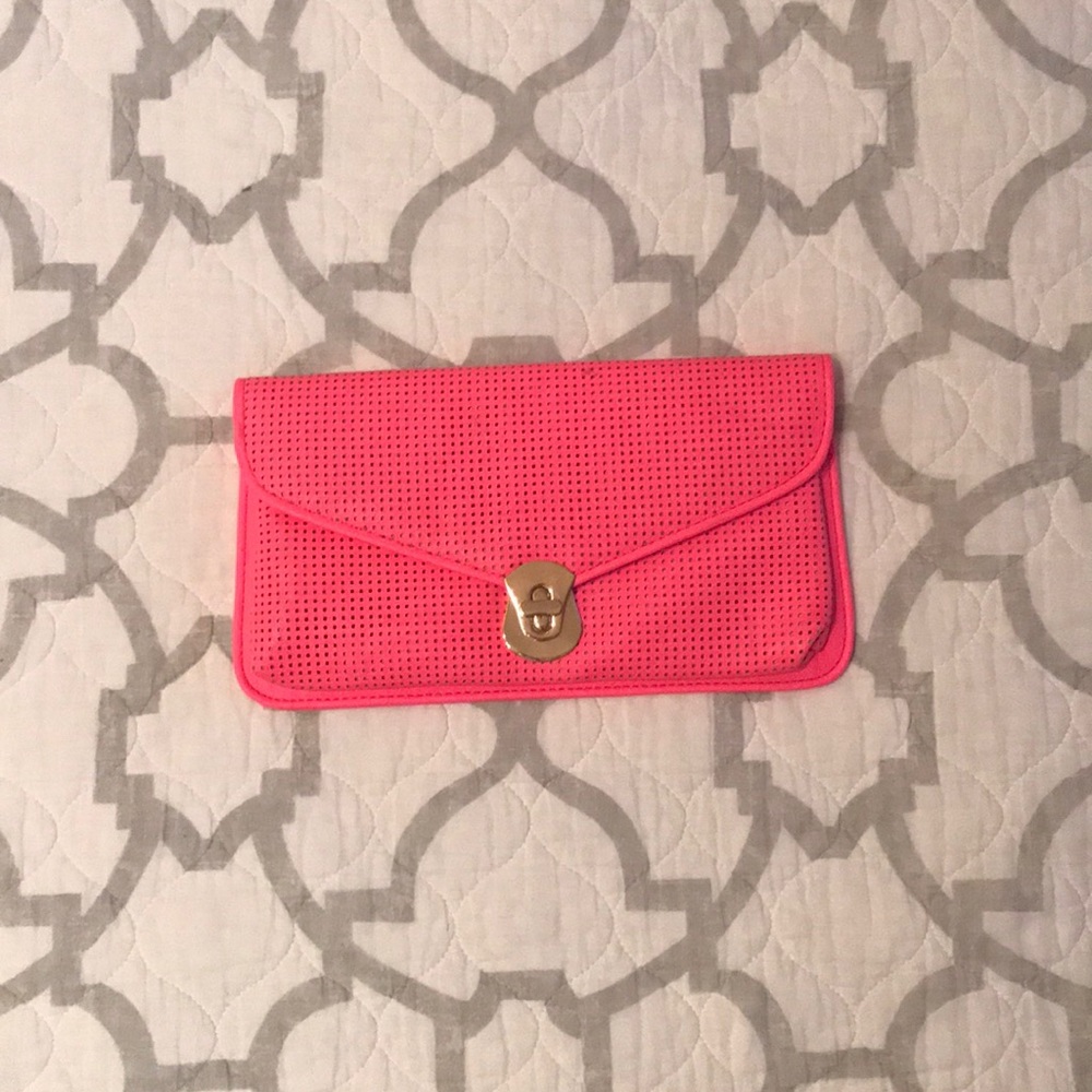 Hot Pink Perforated Clutch w Removable Chain Strap